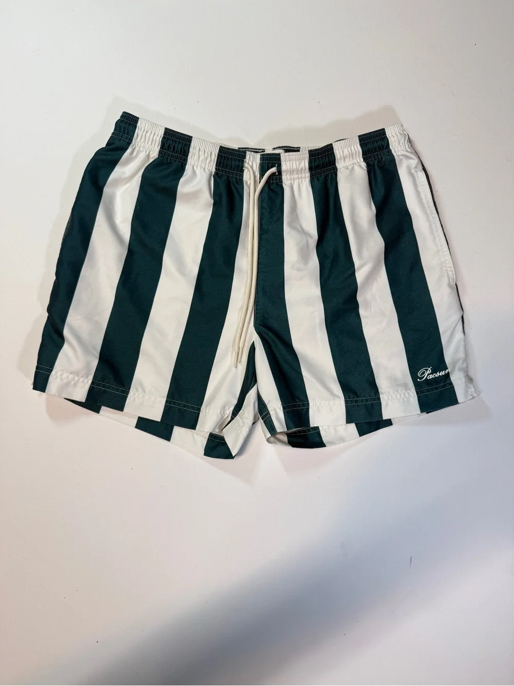 Green and White Vertical Stripe Swim Shorts